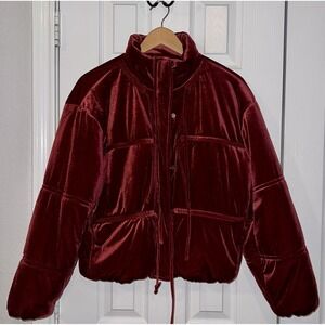 Women's Holiday Velvet Bow - Tie Puffer Jacket- Future Collective Burgundy Small